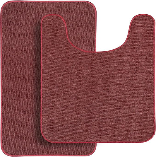 Bathroom Rugs Set 2 Pieces,Thin Bathroom Mats,Toilet Rugs,Quick Dry,Non-Slip,Machine Washable,Low Pile,Absorbent Bath Mats,Shower,Sink,Home Decor Accessories.Red,1'5"x2'3"+1'8"x2" U Shape