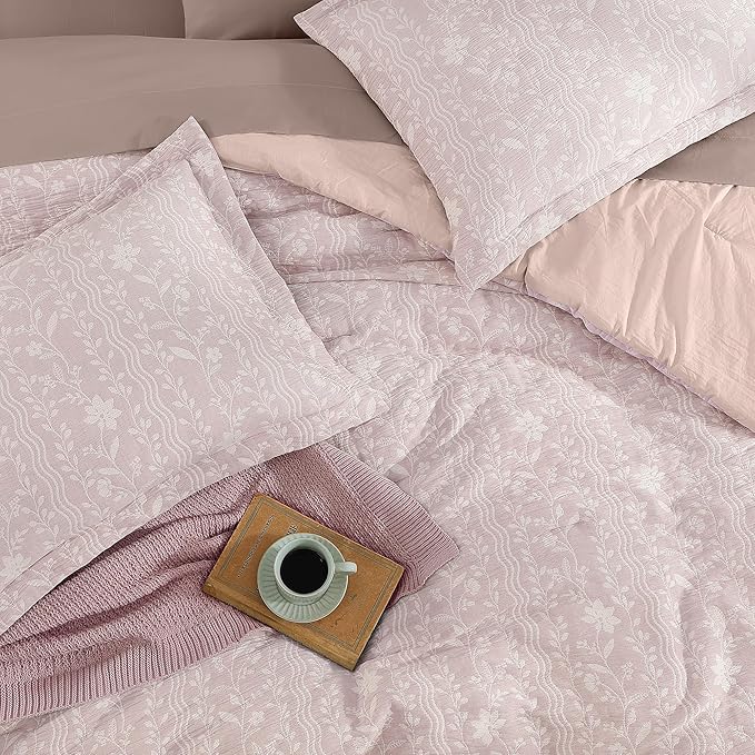 Queen Comforter Set -7 Pieces Floral Pink Comforter Set for All Seasons, Bed in a Bag Queen with Botanical Flowers Comforter, Sheets, Pillowcases & Shams