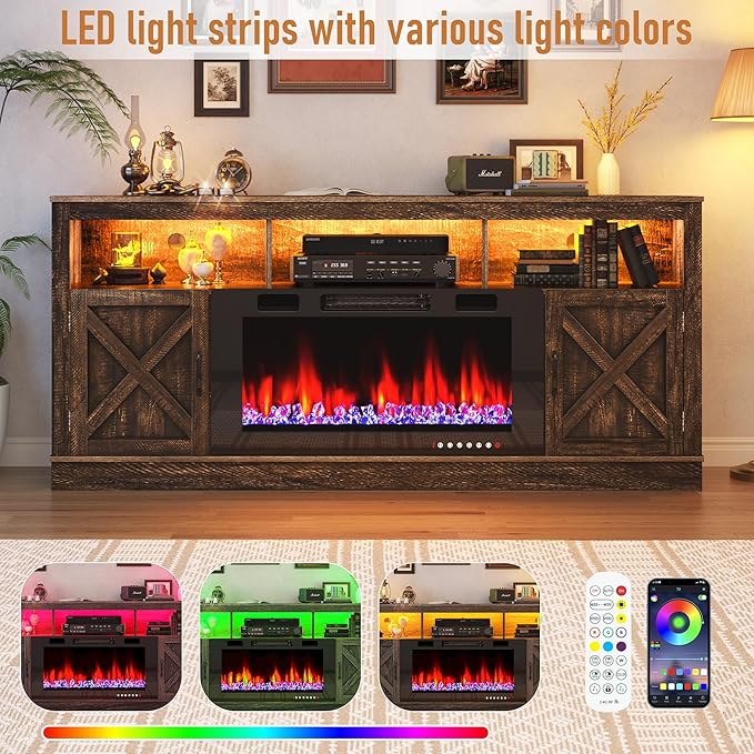 Farmhouse TV Stand with 36" Fireplace for 80" TV, 70" Fireplace Entertainment Center with Barn Doors and LED Light, Tall TV Stands for Living Room, Brown