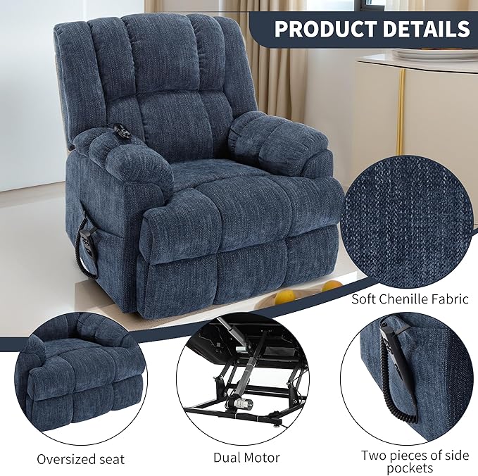 Luxlen Power Lift Recliner Chair for Elderly, Heat Massage Recliners, Dual Motor Oversized Lift Chair, Medium-Firm Electric Lift Recliners with Remote - Dark Blue