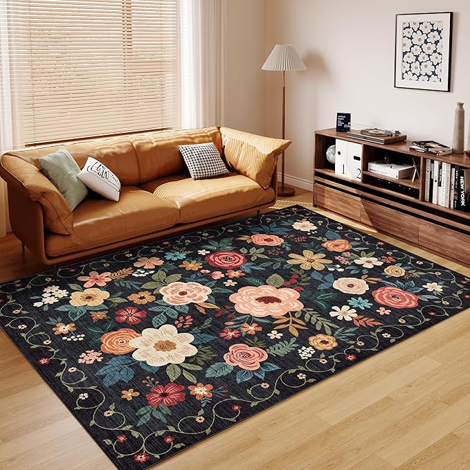 DUKINO 5x7 Area Rug, Floral Design, Lightweight Non Slip Washable, Indoor Low Pile & Non-Shedding Boho Rug for Bedroom, Living Room, Dining Room, Black