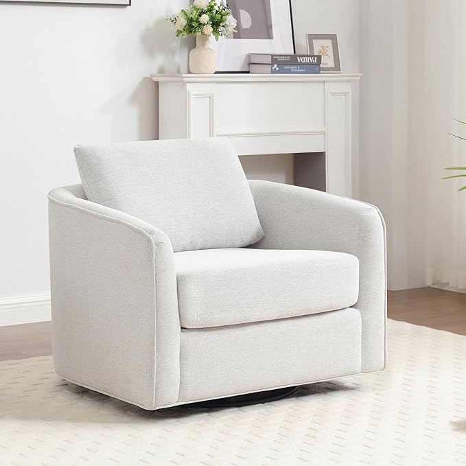 MINCETA Accent Chairs,Oversized 360 Swivel Armchair(Seat Area:25.6" D x 26.8" W),Modern Comfy Reading Chairs for Living Room with Metal Base,Performance Fabric in Off-White