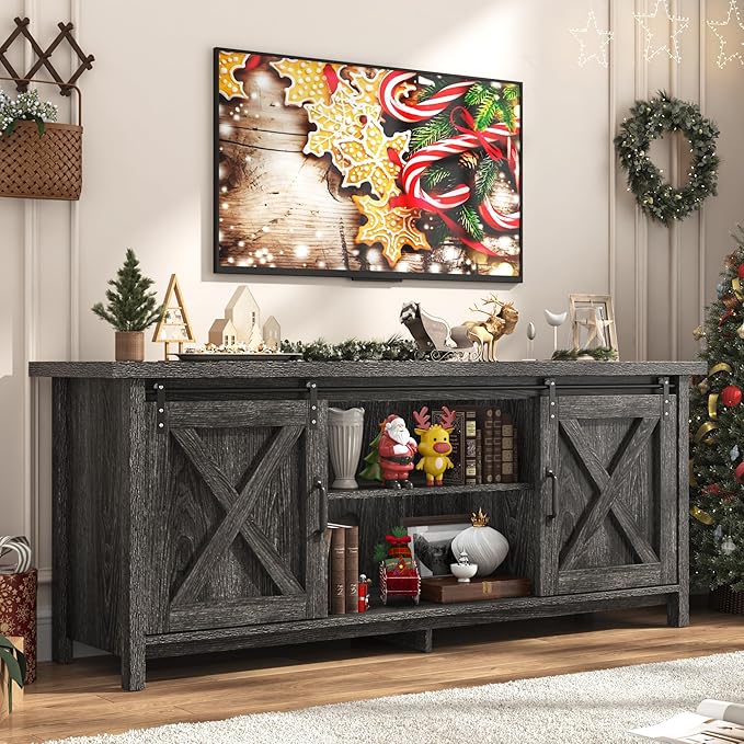 Farmhouse TV Stand for 65 Inch TV with Sliding Barn Door, Rustic Wood Entertainment Center Large Media Console Cabinet Long Television Stands,Console Table and Media Furniture for Living Room(Grey)