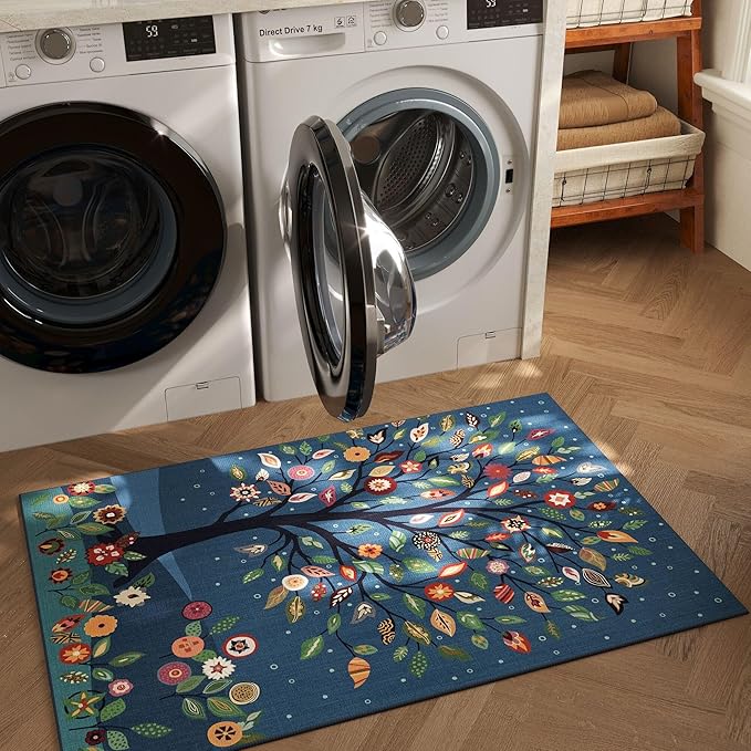 Door Mat Indoor Entrance 2x3 Rug Floral Tree Machine Washable Small Area Rug Bohemian Non-Slip Low Pile Throw Rugs for Entryway, Kitchen, Front Door Indoor Entrance, Entry, Kids Room, Blue