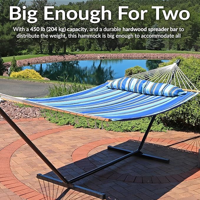 Sunnydaze Quilted Outdoor Hammock with Spreader Bars - Heavy-Duty 450-Pound Capacity Double Hammock for Outside - Misty Beach