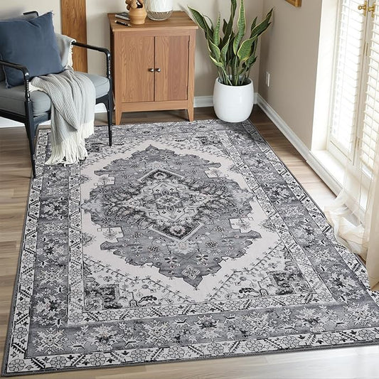 Vintage Area Rug 5x8 Rugs, Machine Washable Vintage Area Rug Non-Slip Low Pile Large Rug for Living Room, Bedroom, Farmhouse, Dining Room, Grey
