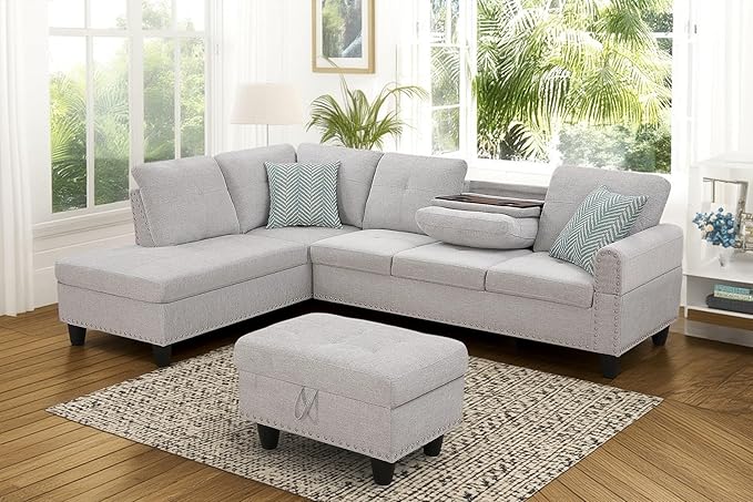 98 Inch L Shaped Sectional Sofa with Chaise Lounge, Storage Ottoman and 2 Pillows, 4-Seaters Linen Upholstered Tufted Couch w/Cupholder & Nailhead Trim for Living Room, Office, Light Gray