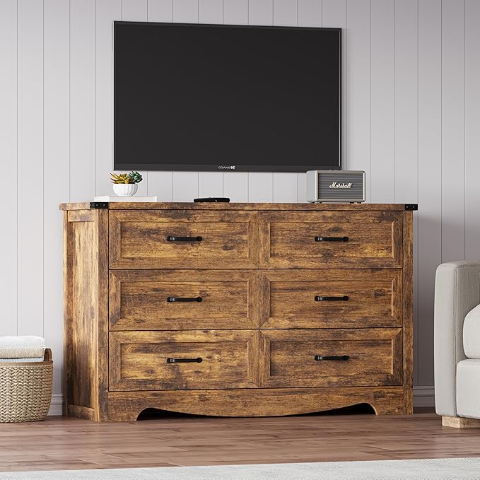 6-Drawer Dresser for Bedroom – 47" Wide Modern Wooden Chest with Natural Wood Texture, TV Stand & Storage, Metal Corner Brackets, Wood Drawer Organizer for Living Room, Hallway