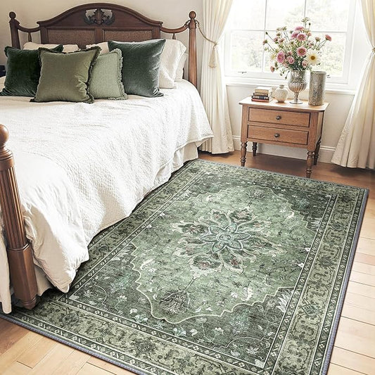 Area Rugs 4'x6' Washable Non-Slip, Floral Vintage Distress Print Pattern Medallion Carpet for Living Room Bedroom Dining Room, Dark Green Gray