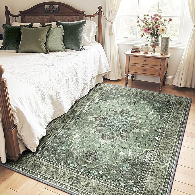 Area Rugs 5'x7' Washable Non-Slip, Floral Vintage Distress Print Pattern Medallion Carpet for Living Room Bedroom Dining Room, Dark Green Gray