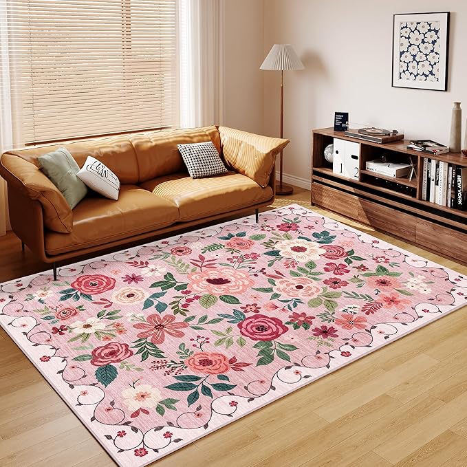 DUKINO 5x7 Area Rug, Nursery Floral Rugs for Living Room, Lightweight Non Slip Washable Rug, Indoor Low Pile & Non-Shedding Boho Design Rugs for Girls Bedroom, Kids Playroom, Dining Room, Pink