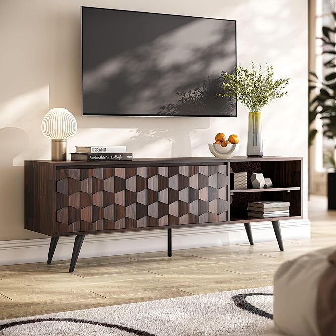 Bme Georgina 65 Inch Solid Wood TV Stand, Under 10 Minutes Assembly Entertainment Center with Storage, Geometric Pattern TV Console for Living Room, Bedroom, Dinning Room - Walnut