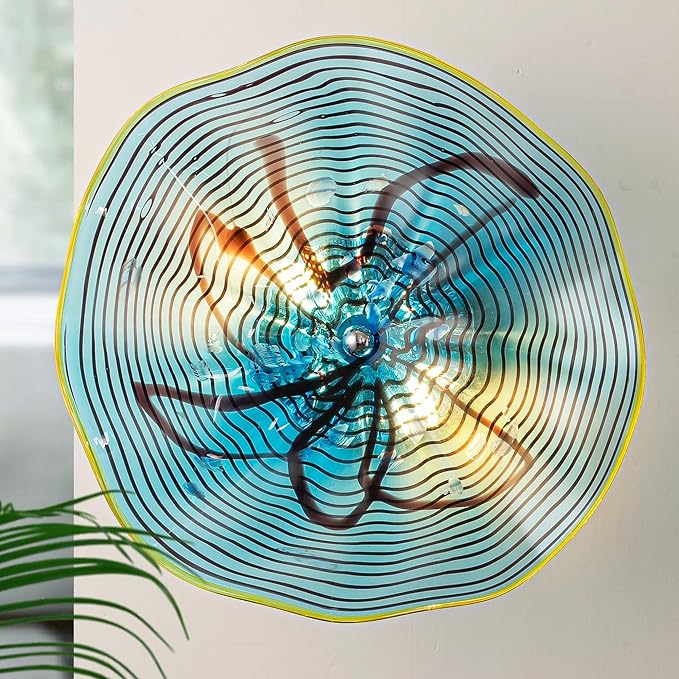 Hand Blown Glass Plate Wall Decor, Modern Unique Glass Wall Art, Lotus Leaf Wall Plate Shape Wall Sconce with Transparent and Easy to Clean for Staircase, Living Room, Kitchen, Hallway (Blue-3)