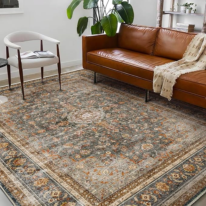 Washable Area Rug 9'x12' Retro Boho Design Non-Shedding Easy Care Ideal for High Traffic Areas in Living Room Bedroom Office Coffee Table Kitchen Large Carpet