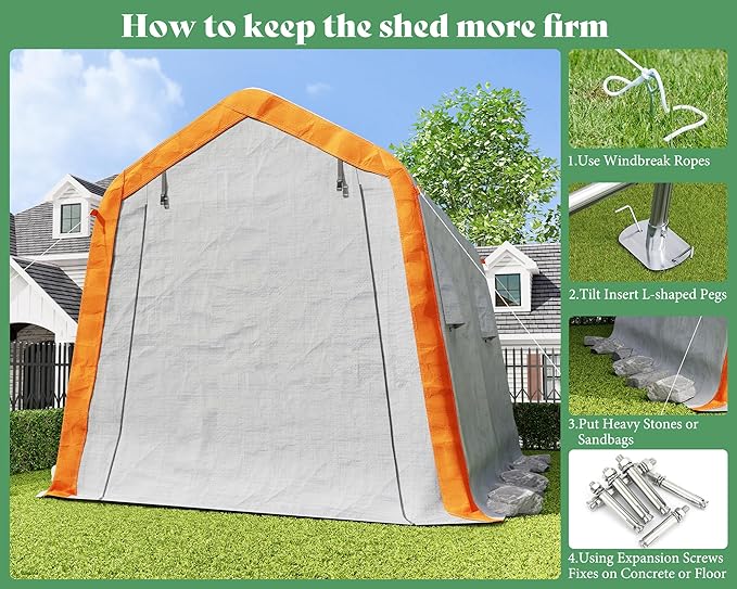 AMERLIFE 8x10x8 FT Heavy Duty Portable Shed Storage Shelter, Outdoor Storage Shed with 4 Waterproof Windows & Roll-Up Zipper Door, Carport for Motorcycle, Bike, Gray