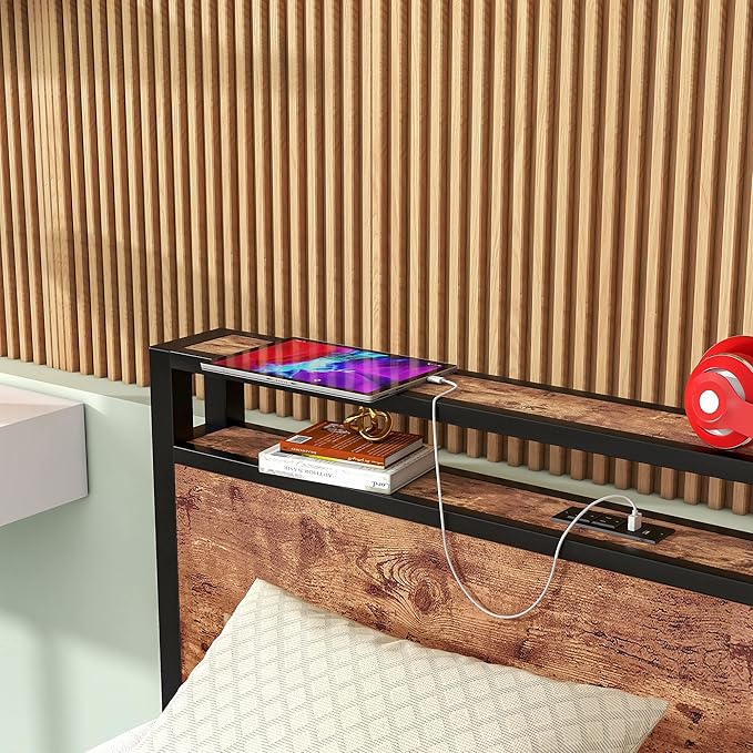 Twin Bed Frame with Storage Headboard/USB Charging Station,Single Platform Bed Frame Twin Size No Box Spring Needed,Strong Steel Slats Support,Bedroom Furniture,Rustic Brown