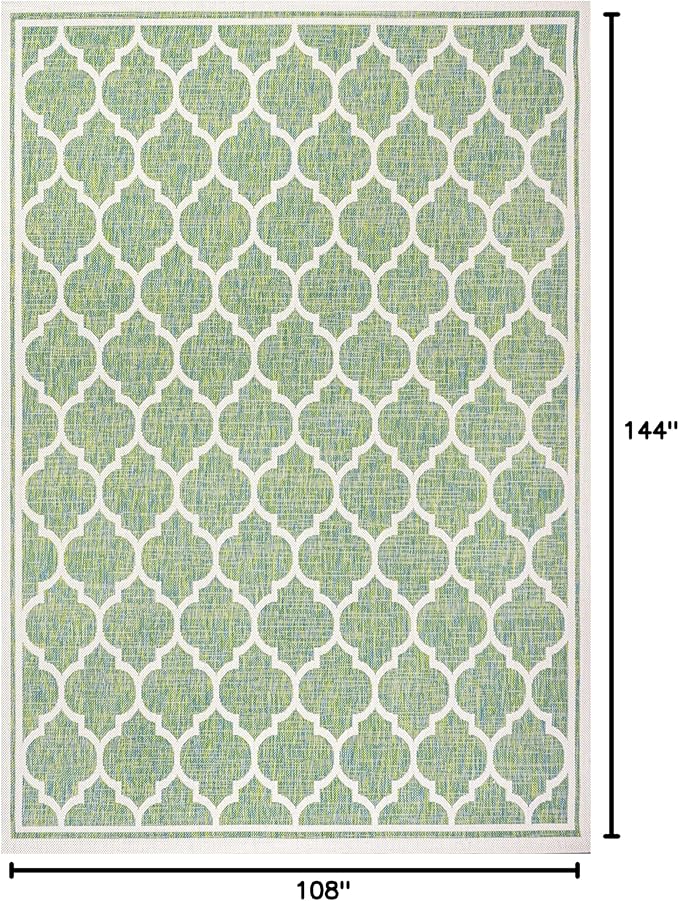 Eyely BMS109I-9 Santa Monica Trebol Moroccan Trellis Textured Weave Indoor/Outdoor Area Rug Coastal;Bohemian, Bedroom, Backyard, Patio, Easy-Cleaning, Non-Shedding, 9 X 12, Cream/Green