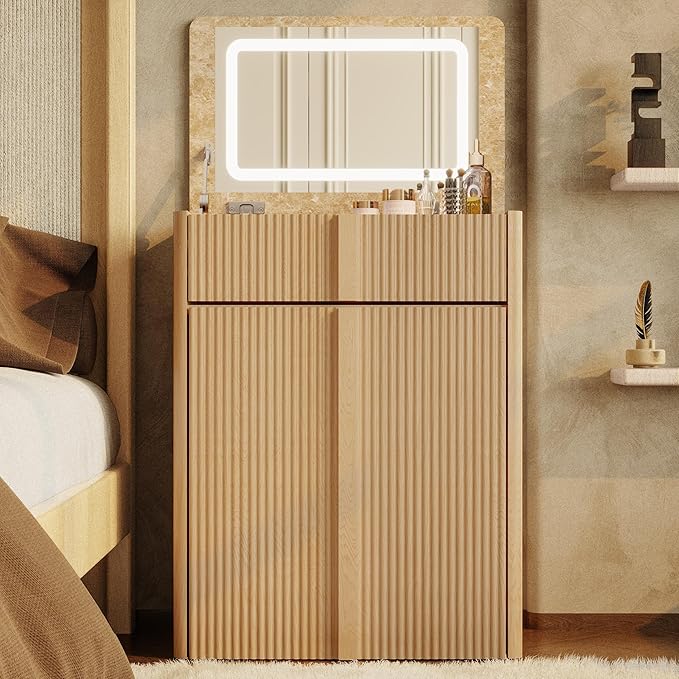 Compact Makeup Vanity Desk with Flip Top Mirror,3 in 1 Vanity Desk with Mirror and Lights,Hidden Storage Chair,Oak Makeup Vanity Table with Space-Saving for Small Bedrooms & Apartments,Light Oak