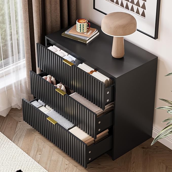 3-Piece Dresser Bedroom Set, 5 Drawer Dresser & 3 Drawer Nightstands with Gold Handles, Fluted Wood Chest of Drawers for Bedroom, Living Room, Entryway, Black