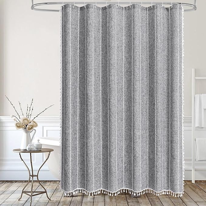 MitoVilla Dark Grey Boho Small Stall Shower Curtain Set 36 x 72, Half Size Narrow Polyester Linen Fabric Shower Curtains for Farmhouse Bathroom Decor, Charcoal Grey