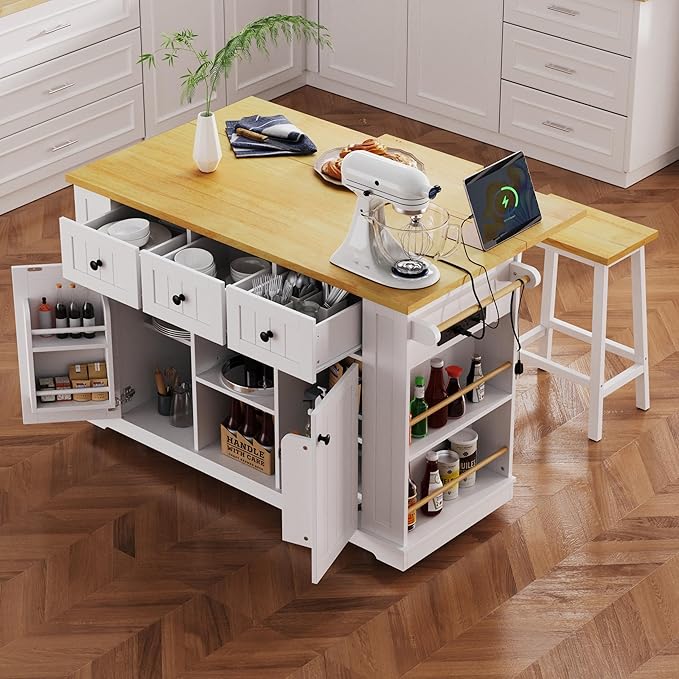Large Kitchen Island Cart on 5 Wheels with Power Outlet, Drop Leaf, 3 Drawers, Kitchen Storage Cart with 5 Open Side Racks for Kitchen, Dining Room, Home Bar White