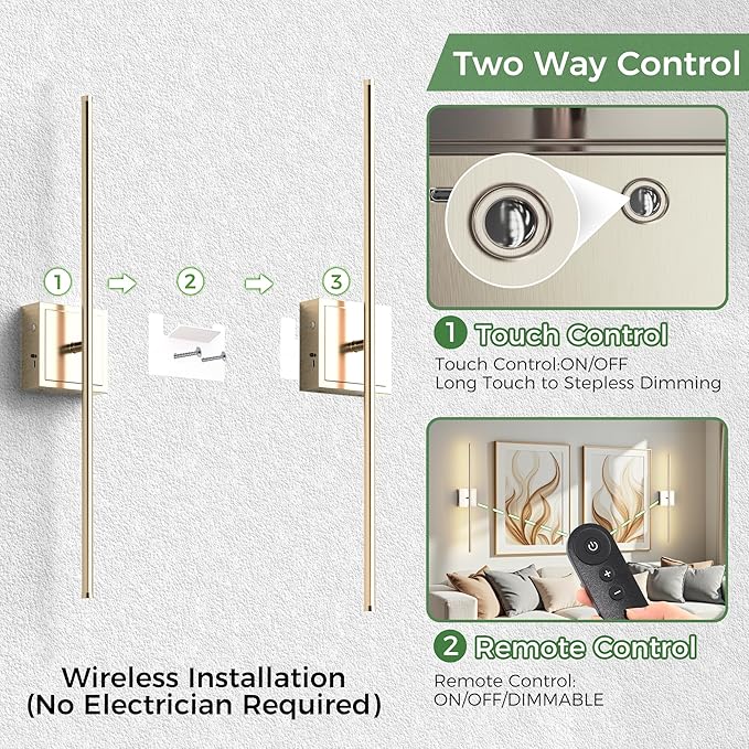 DORESshop Battery Operated Wall Sconces Set of Two with Remote Control, Rechargeable Wall Sconce, 350°Rotate Dimmable Wireless Wall Sconce for Living Room, Hallway, Bedroom, 28.1 Inch, Nickel(2 Pack)