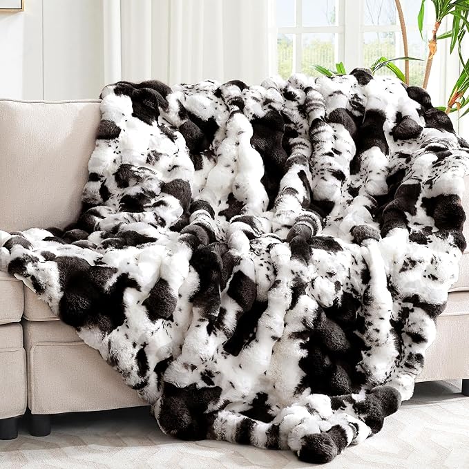 Ultra Plush Bubble Faux Rabbit Fur Blanket – 950GSM Thick Fluffy Throw Blanket for Bed, Couch, Sofa, or Gift, 60" × 80", Black Cow