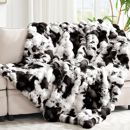Ultra Plush Bubble Faux Rabbit Fur Blanket – 950GSM Thick Fluffy Throw Blanket for Bed, Couch, Sofa, or Gift, 50" × 60", Black Cow