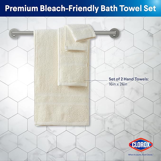 CLOROX Bleach Friendly Towels, Quick Dry, 100% Cotton Hand Towels (16" x 26"), Highly Absorbent Soft Lightweight, Ideal for Everyday Use, Easy to Wash (2 Pack, Ivory)