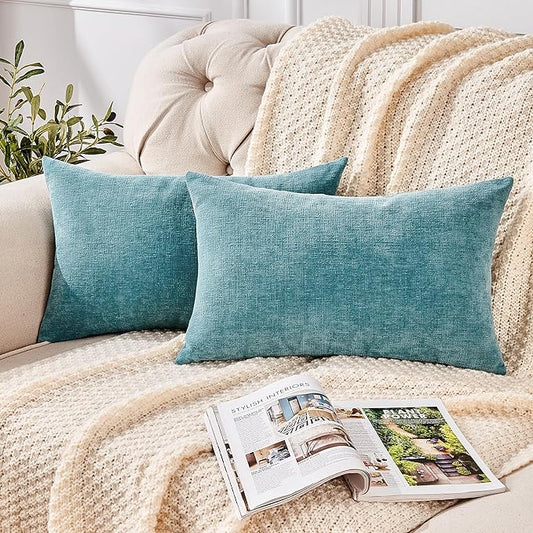 GAWAMAY Lumbar Decorative Rectangle Throw Pillow Covers 12"x20" Inch Set of 2, Super Soft Chenille Pillowcase for Sofa Living Room Bedroom Couch Cushion Cover Smoke Blue 30x50cm (ONLY Covers)