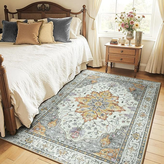 Area Rugs 4'x6' Washable Non-Slip, Floral Vintage Distress Print Pattern Medallion Carpet for Living Room Bedroom Dining Room, Light Yellow Carbon Grey Orange