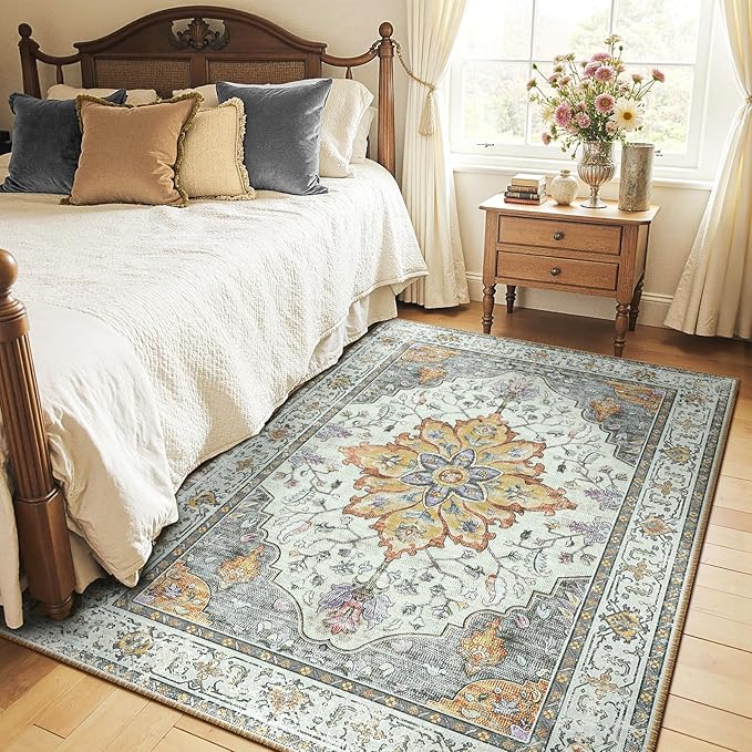 Area Rugs 5'x7' Washable Non-Slip, Floral Vintage Distress Print Pattern Medallion Carpet for Living Room Bedroom Dining Room, Light Yellow Carbon Grey Orange