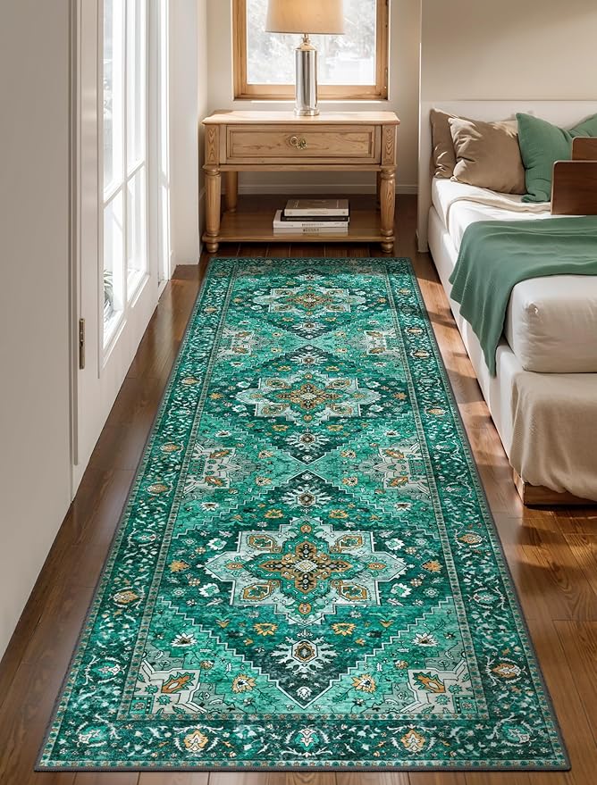 Tangsoo 2.6x8 Washable Runner Rug for Hallways, Non Slip Vintage, Soft Low Pile Long Rug Runner, Print Distressed Emerald Carpet Runners for Kitchen Bedroom Entryway Bathroom Living Room