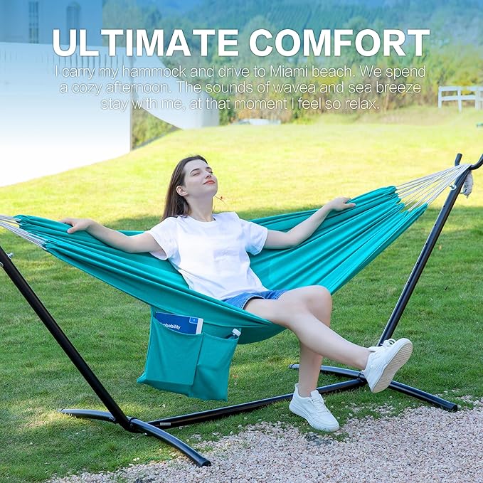 PNAEUT Double Hammocks with Stand for Outside, Portable Space Saving Heavy-Duty Steel Stand for Indoor Outdoor Patio with Carrying Bag, 450 lbs Capacity (Aqua)
