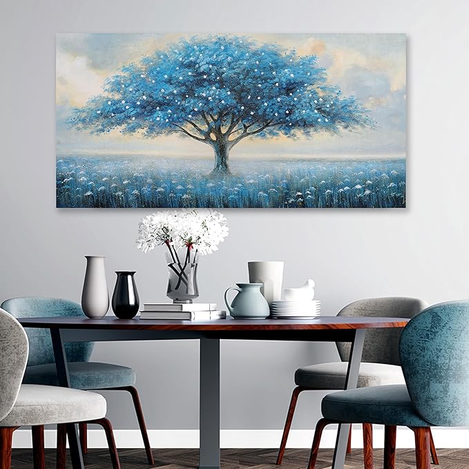 Glvzygy Blue Tree of Life Wall Art Abstract Modern Artwork Canvas Painting Textured Tree Pictures Wall Decor Home Decor Wall Ready to Hang for Bedroom Living Room Size 20"x40"
