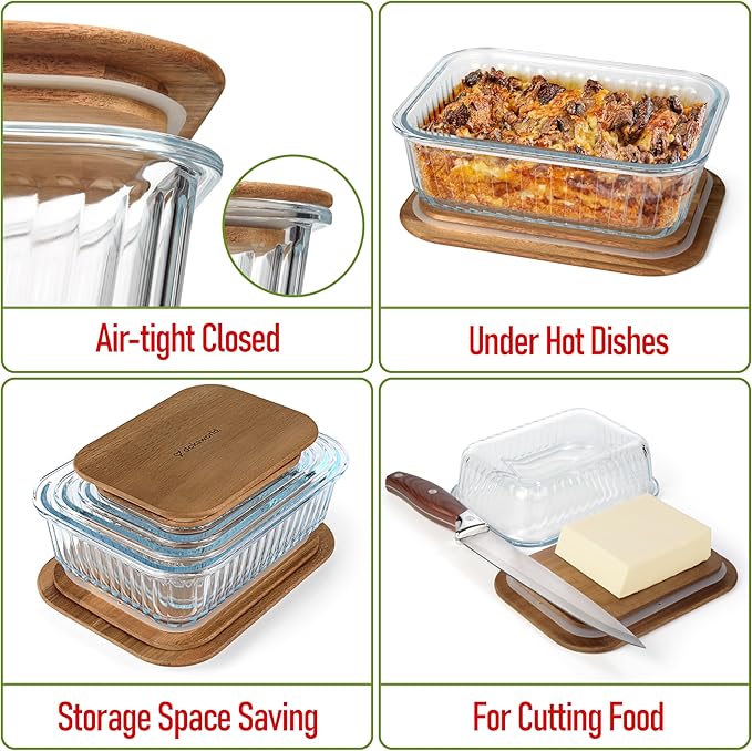 Set of 4 Stackable Space-Saving Nesting Glass Bowls with Airtight Acacia Lids for Lunch, Meal & Food Prep - Microwave & Oven-ready BPA Free Durable Heat Resistant Inert Borosilicate Glass