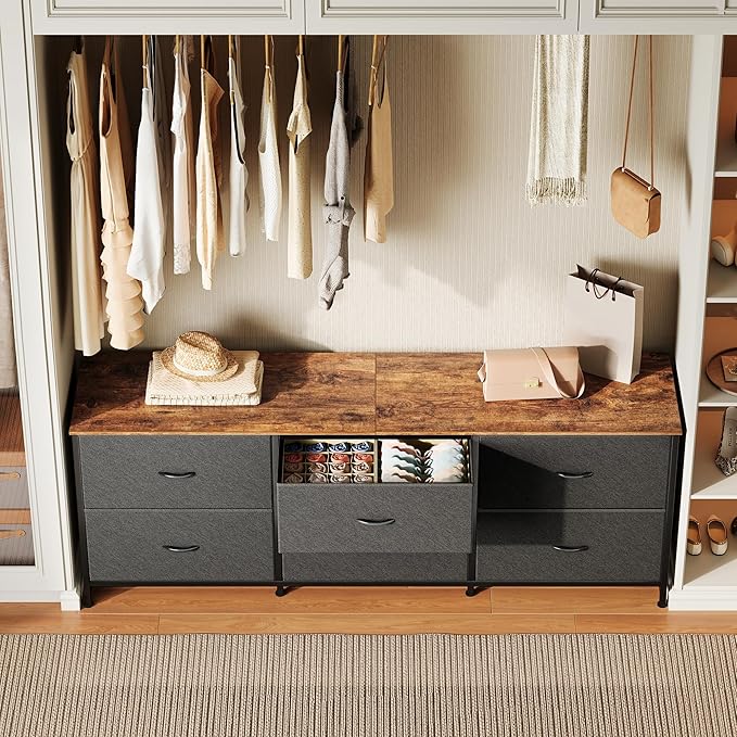 Huuger 63 Inch Long Dresser for Bedroom, Wide TV Stand for 55, 65, 70 Inch TV, 6 Drawer Dresser for Closet with Fabric Drawers, Storage Organizer for Bedroom, Entryway, Rustic Brown and Black