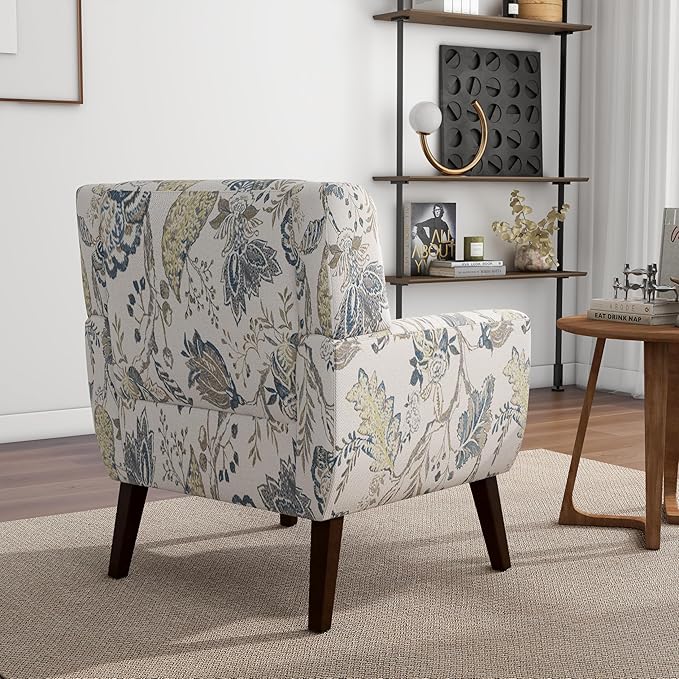Accent Chair, Modern Linen Blend Arm Chair for Living Room, Bedroom, Comfy High-Resilient Sponge Reading Chair for Small Spaces (Pattern Leaf, Set of 1)