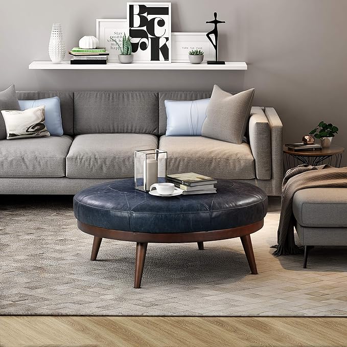 POLY & BARK Gio Modern Leather Ottoman Pouf (Midnight Blue)