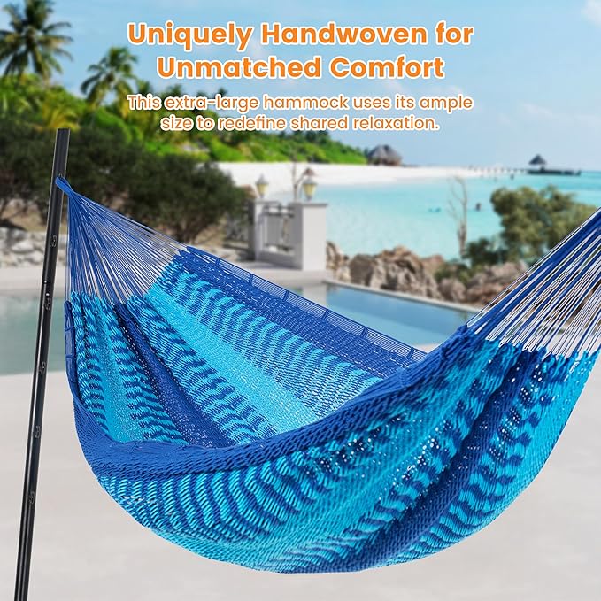 Lazy Daze Hammocks Handwoven Mayan Hammock, 10.5 FT Soft Rope Double Hammocks, Portable Outdoor Hammock with Carry Bag, 2 Straps & carabiners for Patio Outside, 550 lbs Weight Capacity, Blue/Dark Blue