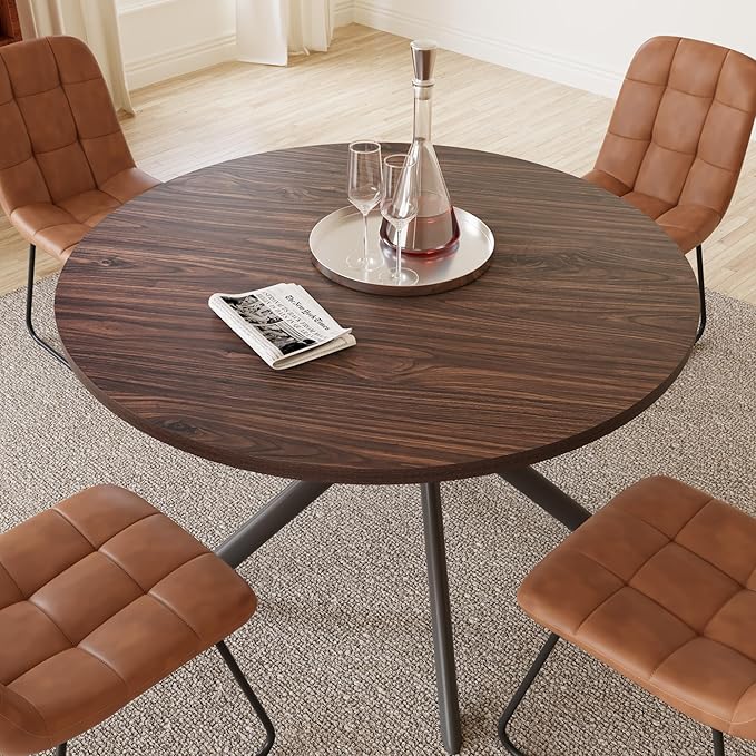 45.3 Inch Modern Round Dining Table for 4, Space-Saving Dinette with Carbon Steel Legs for Home Kitchen Apartment(Walnut Table)