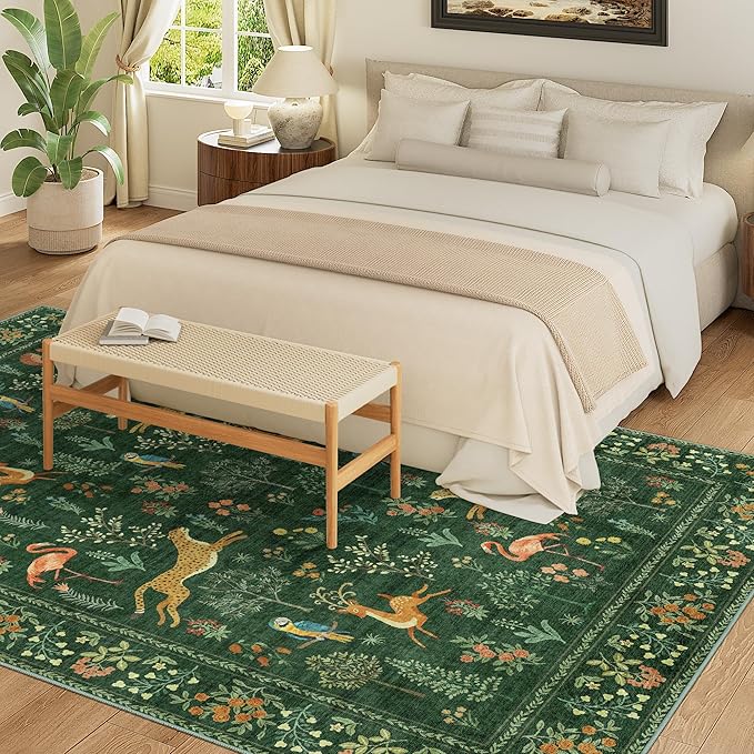 DUKINO 5x7 Rug, Washable Animal Living Room Rug with Non Slip Vintage Design, Soft Low Pile Large Carpet for Bedroom, Nursery, Dining Room, Farmhouse, Playroom, Green