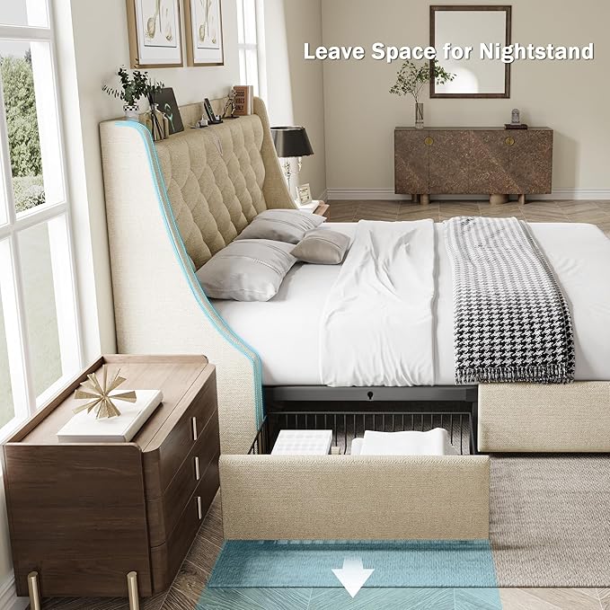 Queen Bed Frame with 4 Storage Drawers, Huge Upholstered Wingback Headboard, Fast Charging Station, No Box Spring Needed, Noise-Free, Beige
