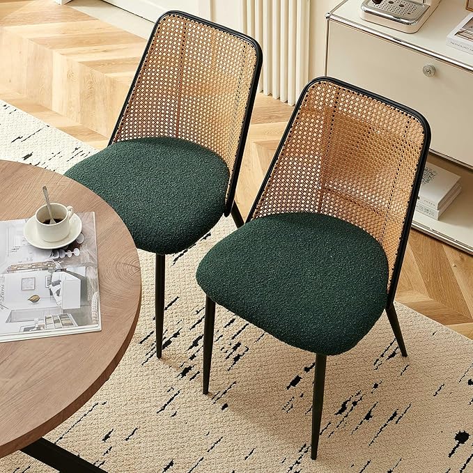 Rattan Chairs Green Set of 2, Woven Cane Dining Chairs Upholstered Boucle Stylish Cozy Kitchen Accent Chairs Armless