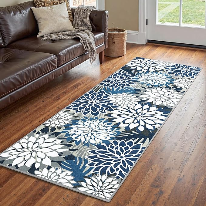Area Rug 2x6 Blue White Washable Entry Rug Multicolored Tropical Botanical Modern Floral Indoor Kitchen Door Mat Entrance Carpet Non Slip for Bedroom Living Room, Porch