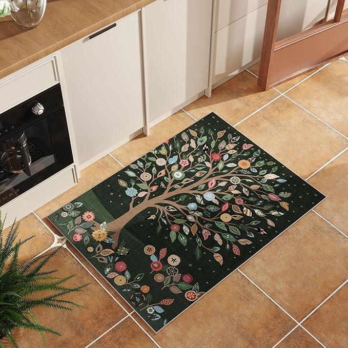 Door Mat Indoor Entrance 2x3 Rug Floral Tree Machine Washable Small Area Rug Bohemian Non-Slip Low Pile Throw Rugs for Entryway, Kitchen, Front Door Indoor Entrance, Entry, Kids Room, Green