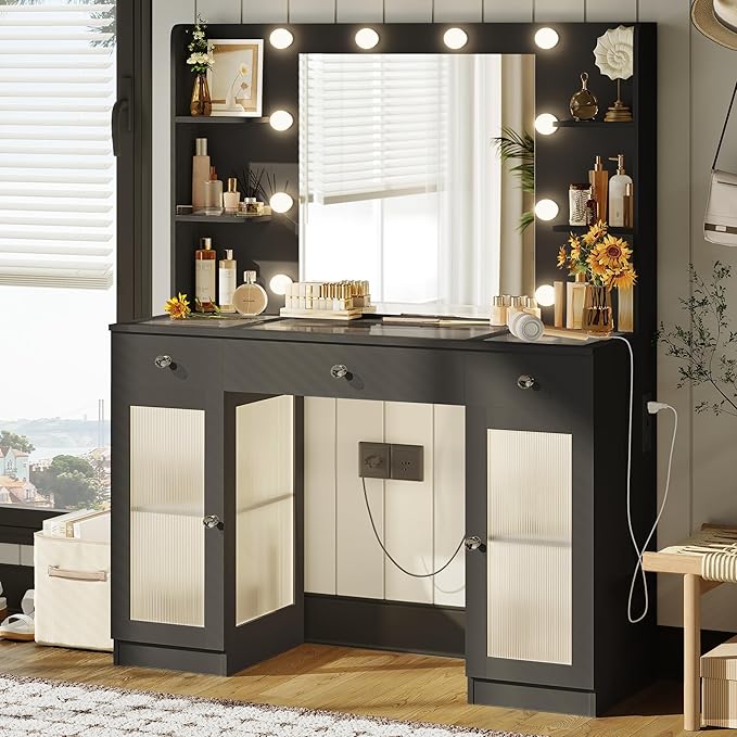 Makeup Vanity with Glass Top, Black Vanity Desk with Mirror and Lights, Big Vanity with Drawers & Cabinets for Bedroom, Cute Vanity with Crystal Knobs & Power Outlet for Women, Girls