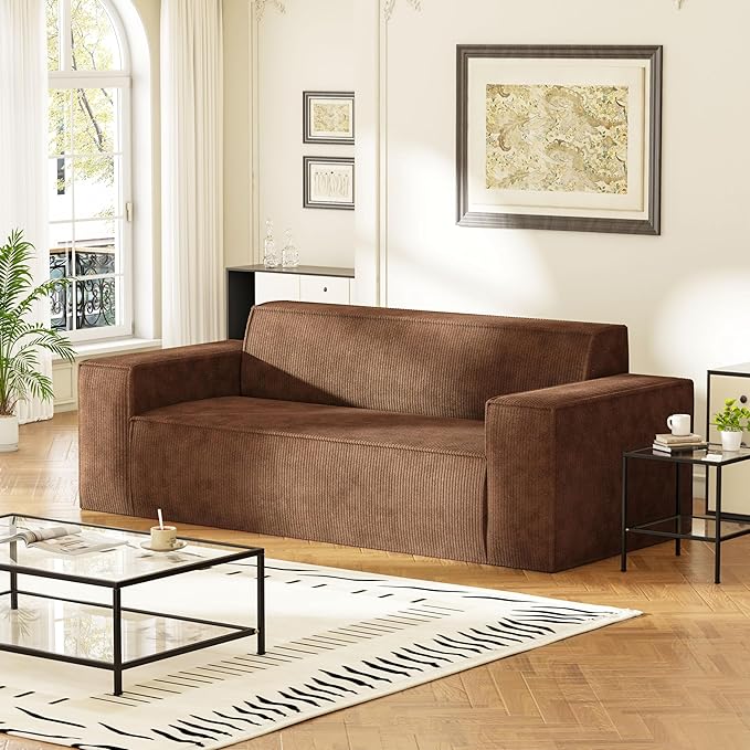 Sofa-in-a-Box, Memory Foam 3-Seater Couch, No Installation & Easy to Transport, Deep Seat Modern Sofa with Corduroy Fabric, Couch for Living Room, Bedroom, Apartment, Home Office, Brown