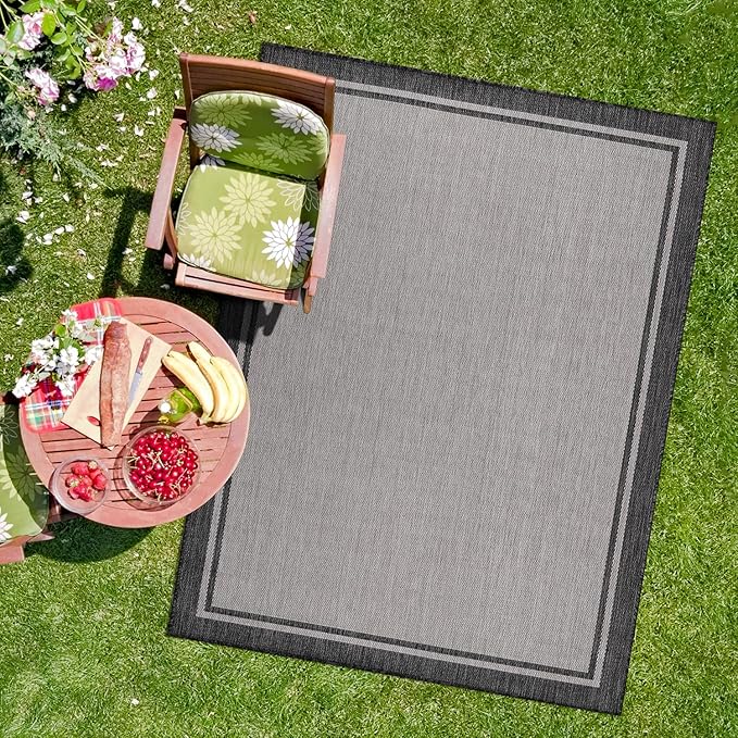 CAMILSON Indoor Outdoor Rug, 8x10 Bordered Gray Modern Area Rugs for Indoor and Outdoor Patios, Kitchen and Hallway Mats, Washable Porch Deck Outside Carpet (Bordered Grey, 8 x 10)