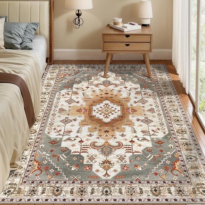 Tangsoo Area Rug 3x5 Bedroom Rug, Washable Vintage Rugs Indoor, Non Slip Accent, Print Distressed Turmeric Carpet, Soft Low Pile Rug for Living Room Dorm Bedroom Bedside Entryway Bathroom